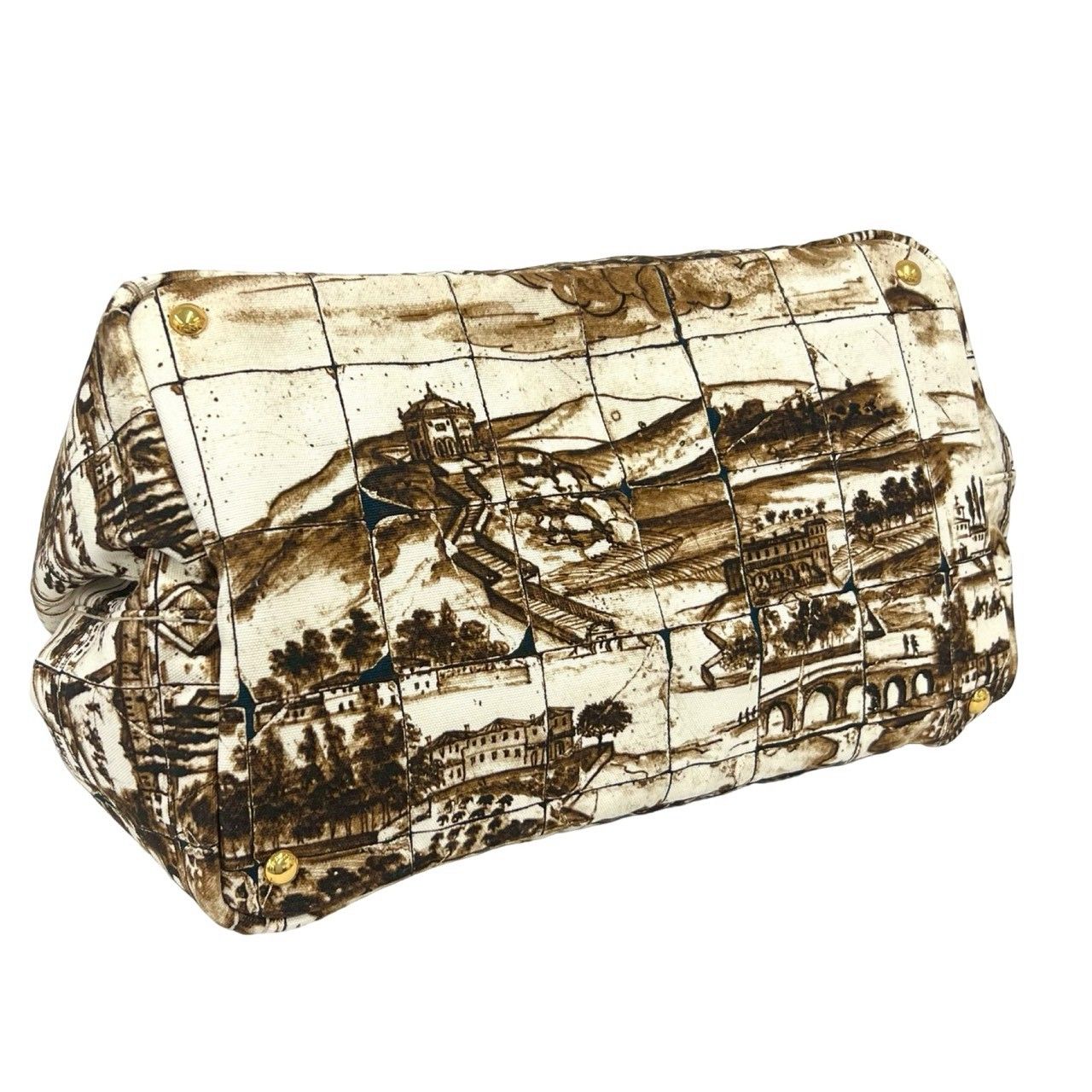 Prada Canapa Triangle Logo Print Canvas Tote Boston Bag Brown Ivory — view 7