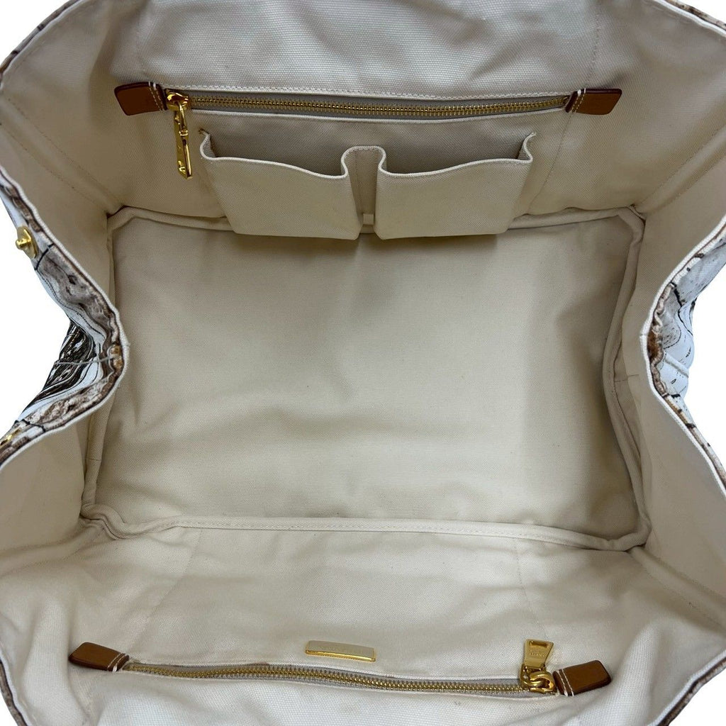 Prada Canapa Triangle Logo Print Canvas Tote Boston Bag Brown Ivory — view 9