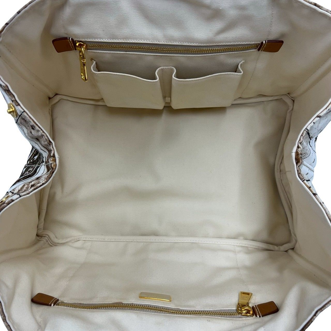 Prada Canapa Triangle Logo Print Canvas Tote Boston Bag Brown Ivory — view 9