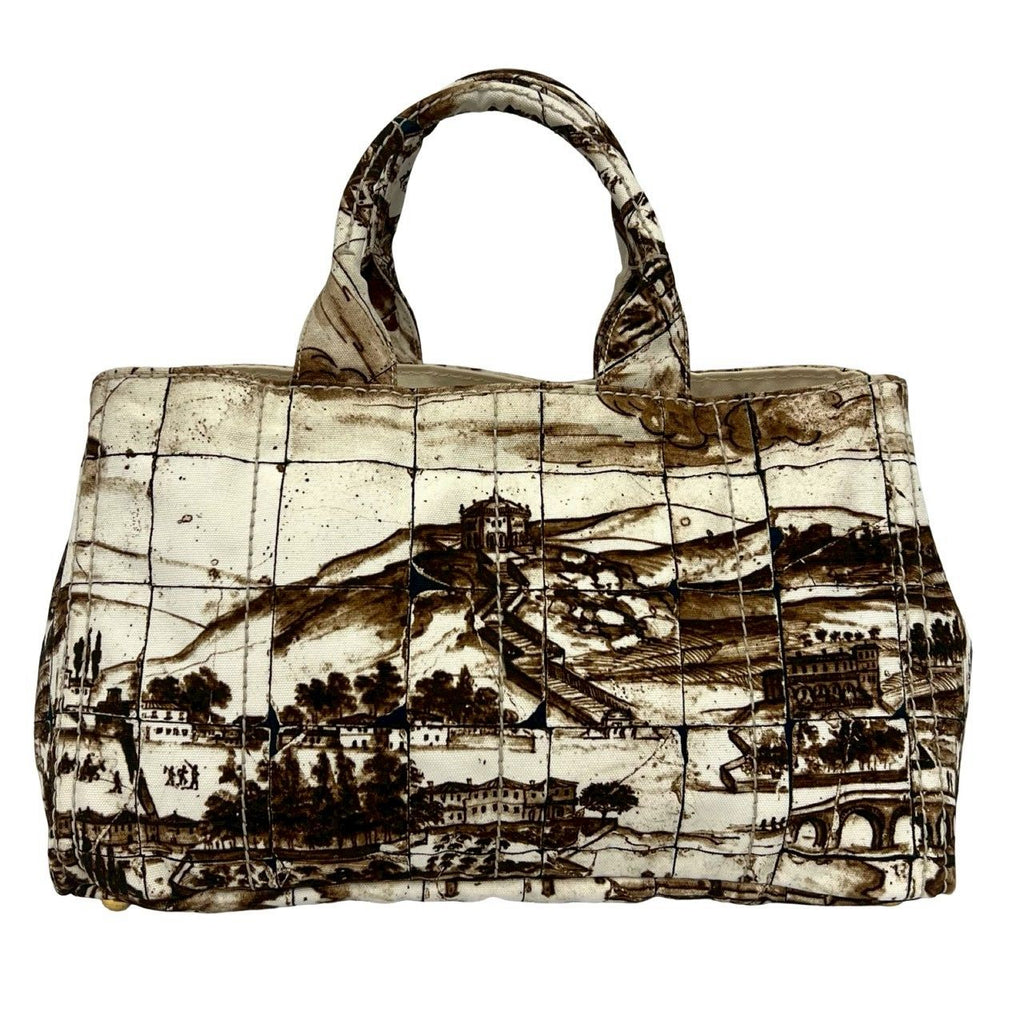 Prada Canapa Triangle Logo Print Canvas Tote Boston Bag Brown Ivory — view 3