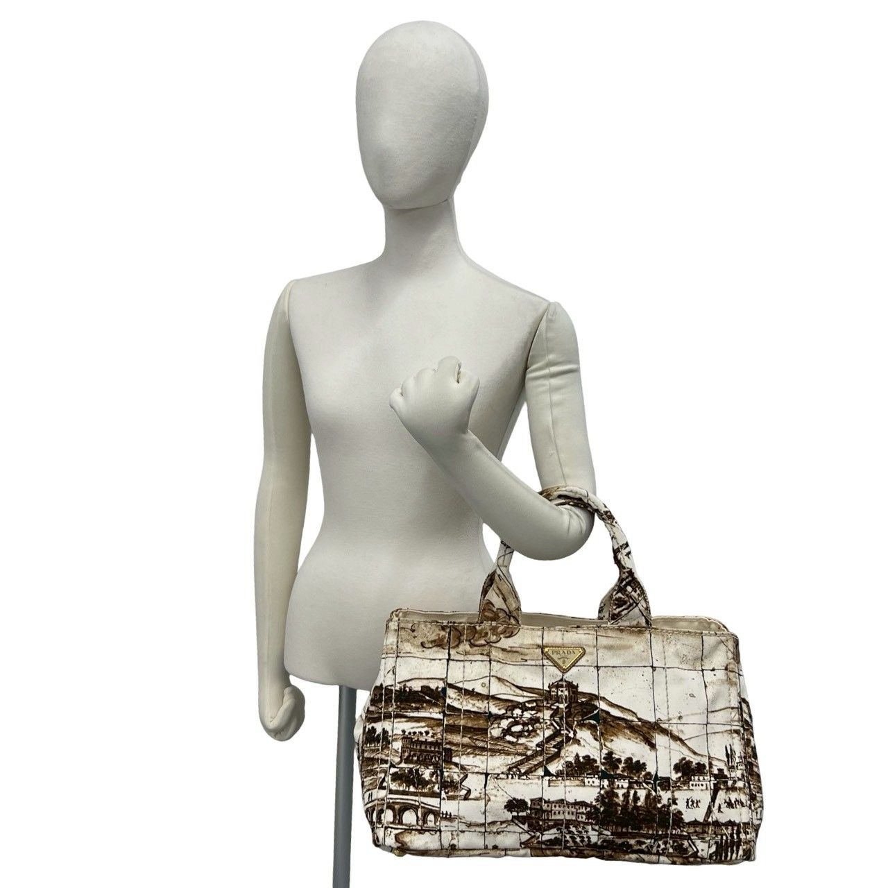 Prada Canapa Triangle Logo Print Canvas Tote Boston Bag Brown Ivory — view 2
