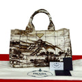 Prada Canapa Triangle Logo Print Canvas Tote Boston Bag Brown Ivory