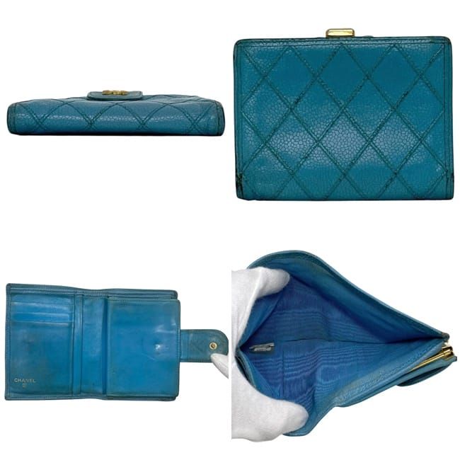 Chanel Kiss Lock Bifold Wallet Blue Quilted CC Logo Caviar Leather Vintage — view 2