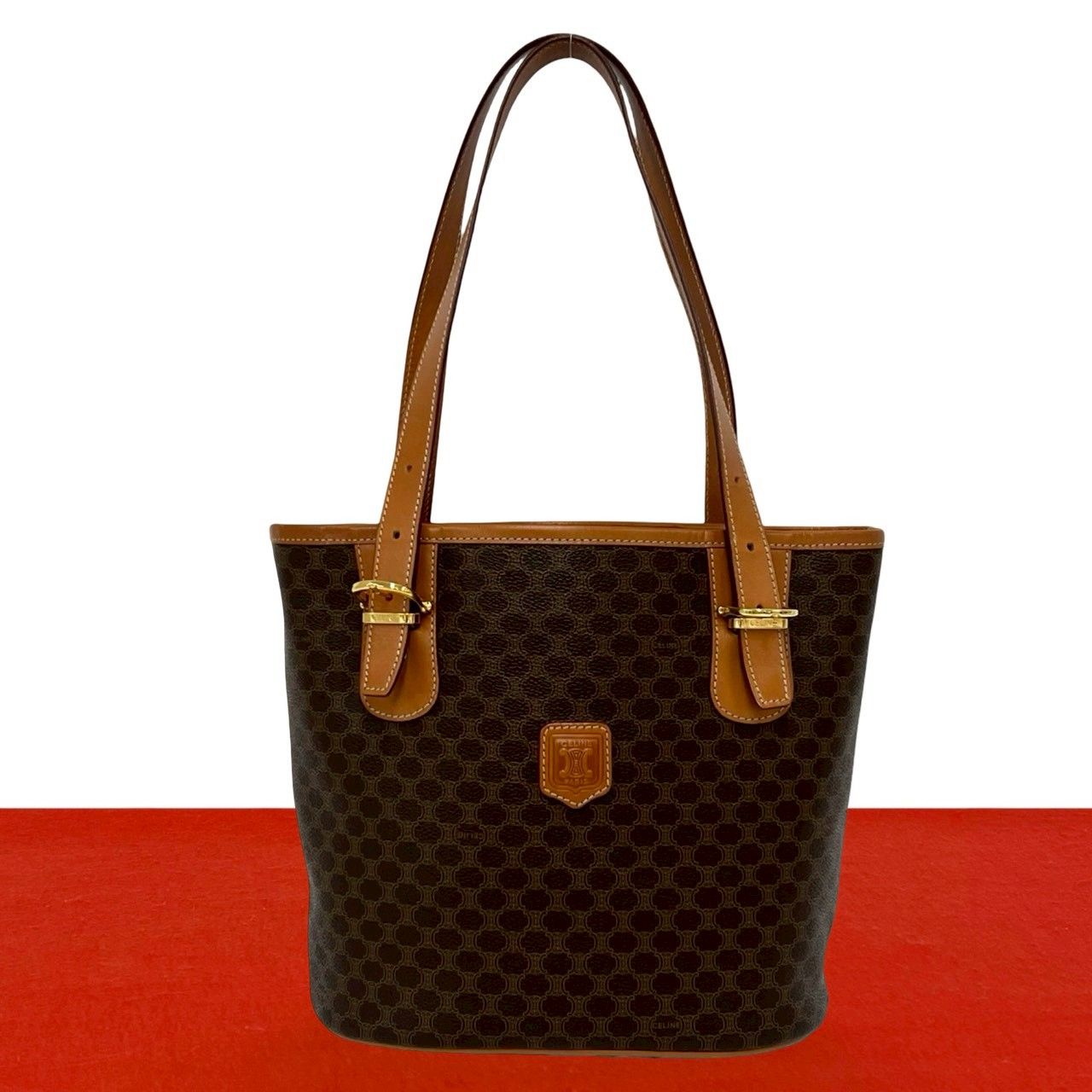 Celine Vintage Macadam Blason Triomphe Logo Leather Tote Shoulder Bag Brown
