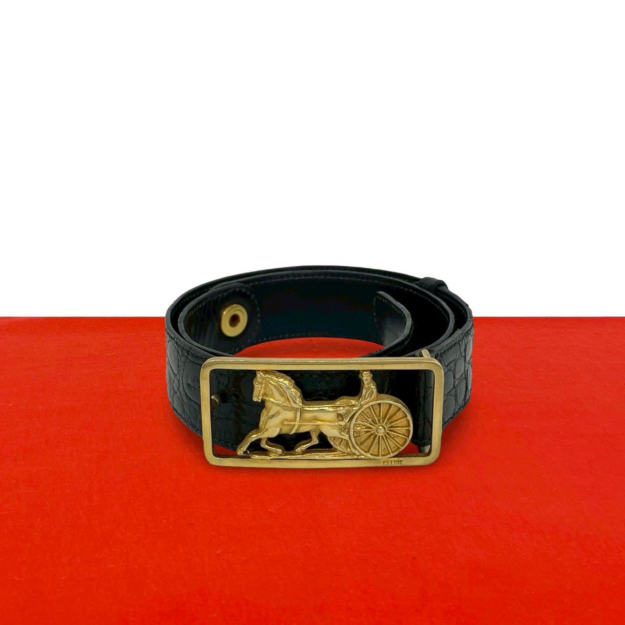 Celine Vintage Horse Carriage Logo Buckle Leather Belt Black