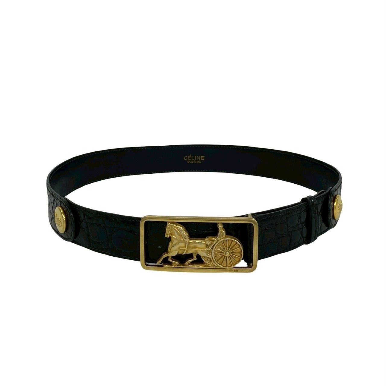 Celine Vintage Horse Carriage Logo Buckle Leather Belt Black — view 5