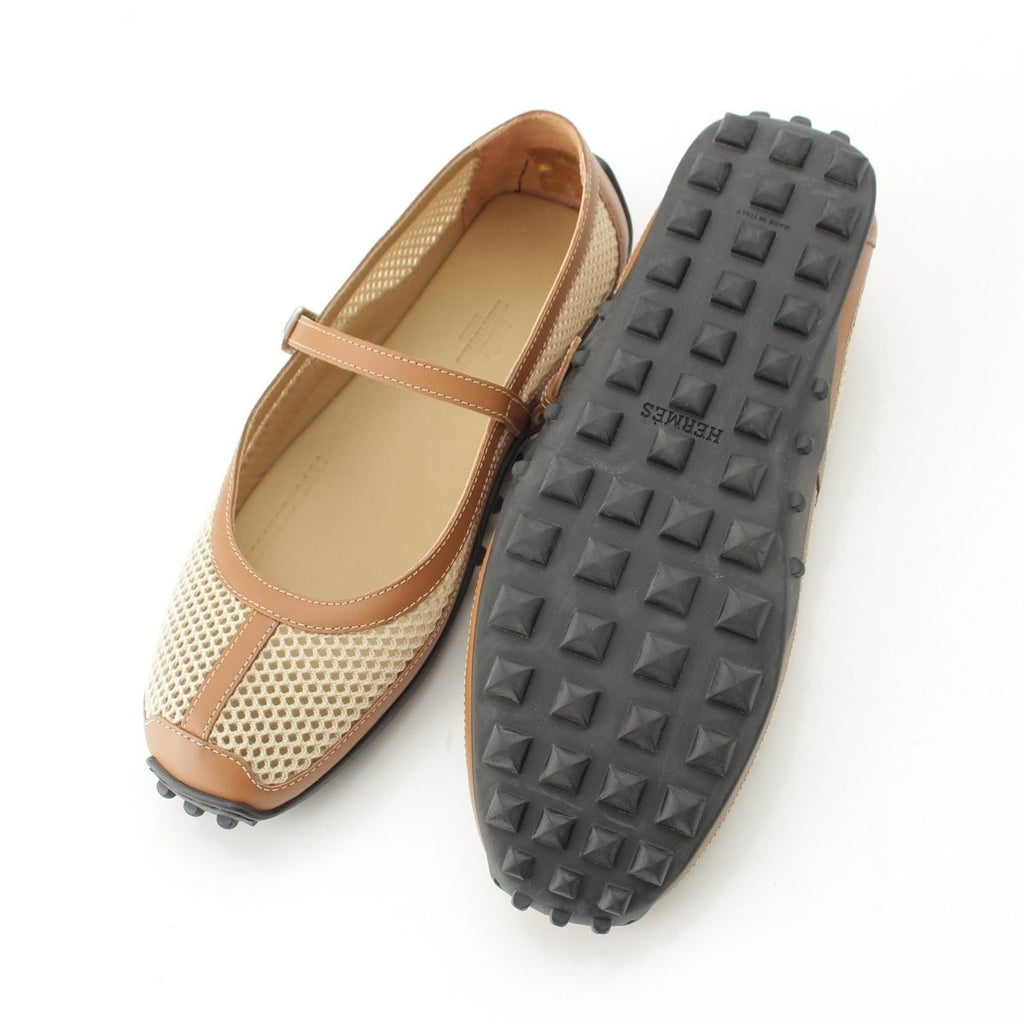Hermes Kitsch Mesh Leather Ballet Shoes Beige Brown — view 5