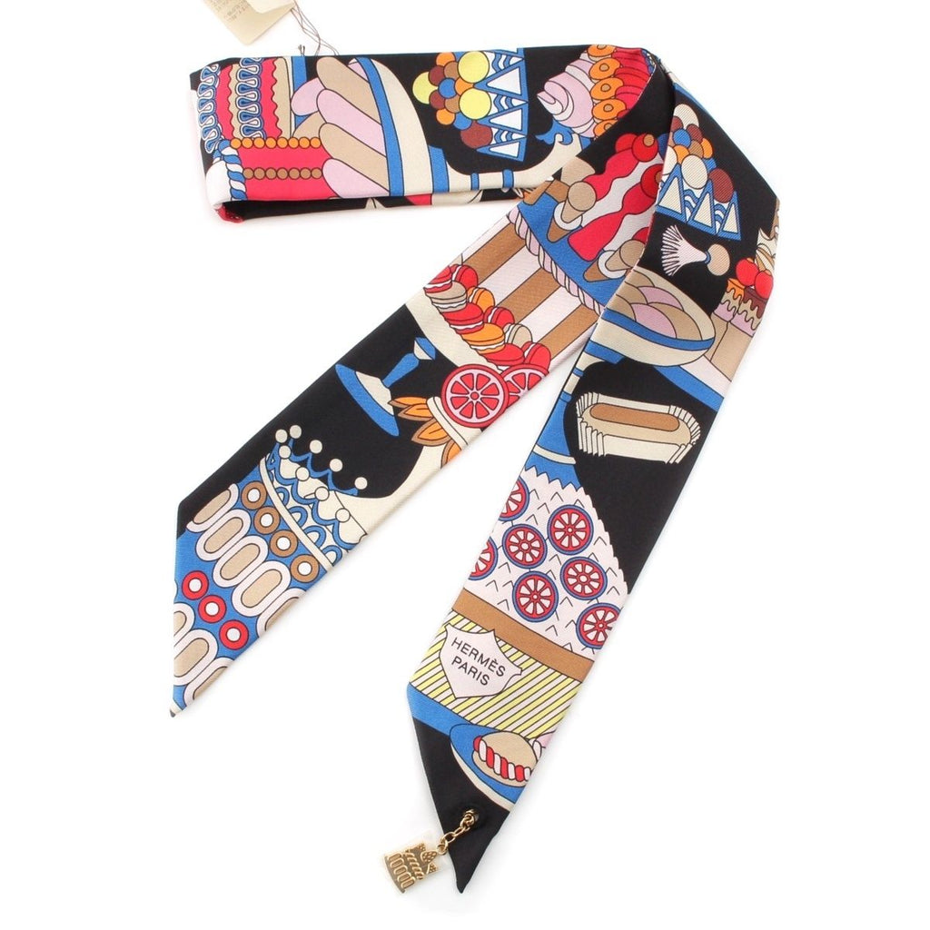 Hermes Twilly Charm Silk la Patisserie Francaise Scarf Black Multicolor