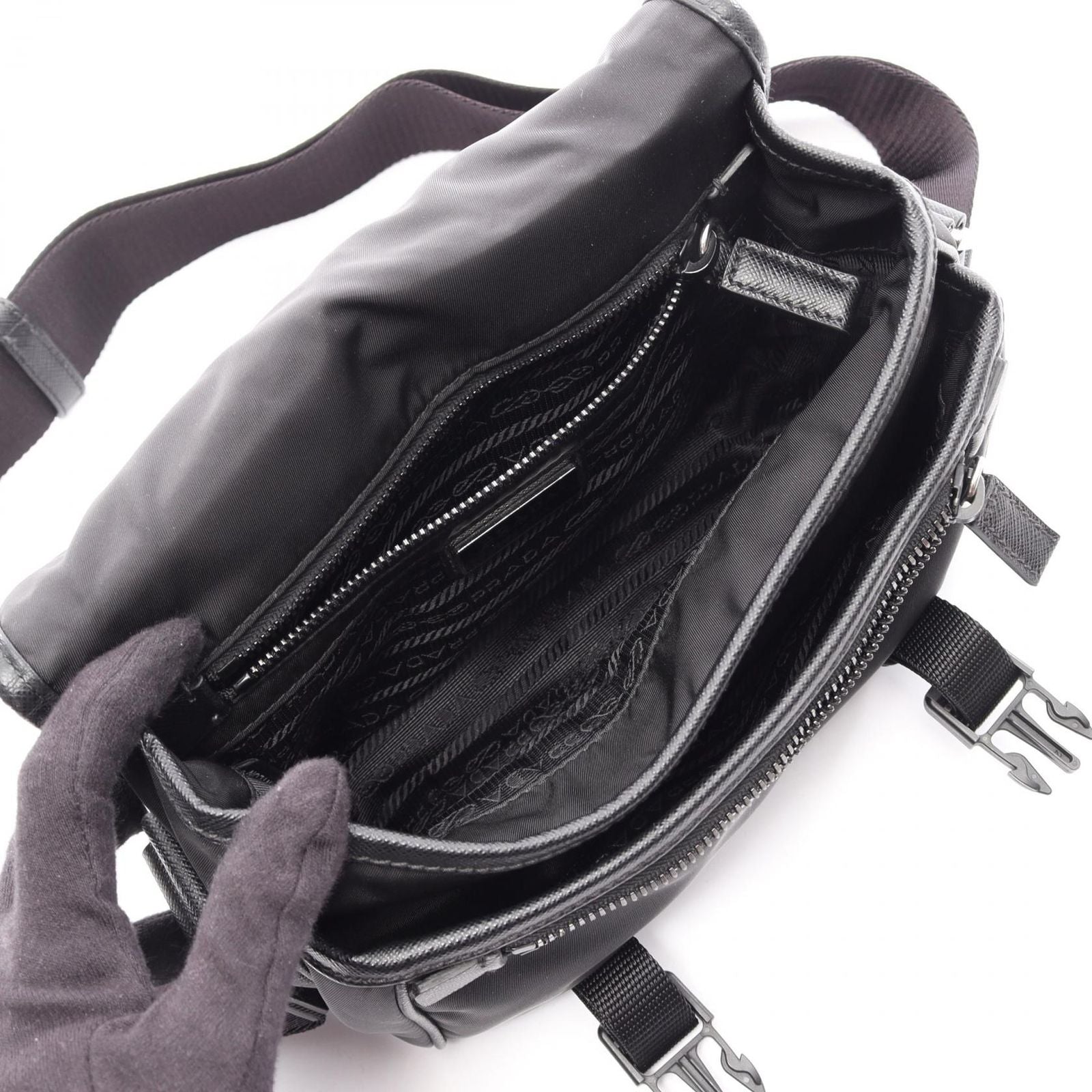 Prada Shoulder Bag Re-Nylon Tessuto Saffiano Black Nylon Leather Triangle Logo — view 3