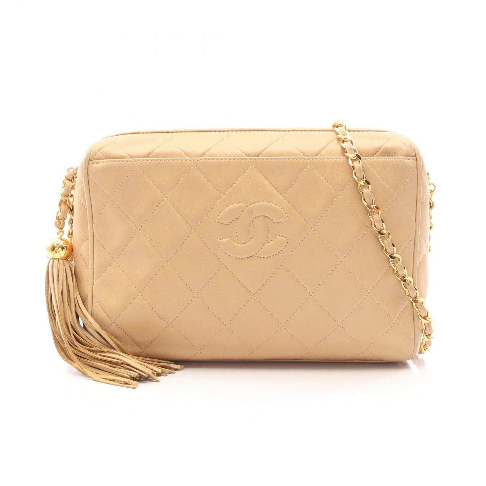 Chanel Shoulder Bag Quilted Tassel Beige Lambskin Diamond Stitch Fringe Chain