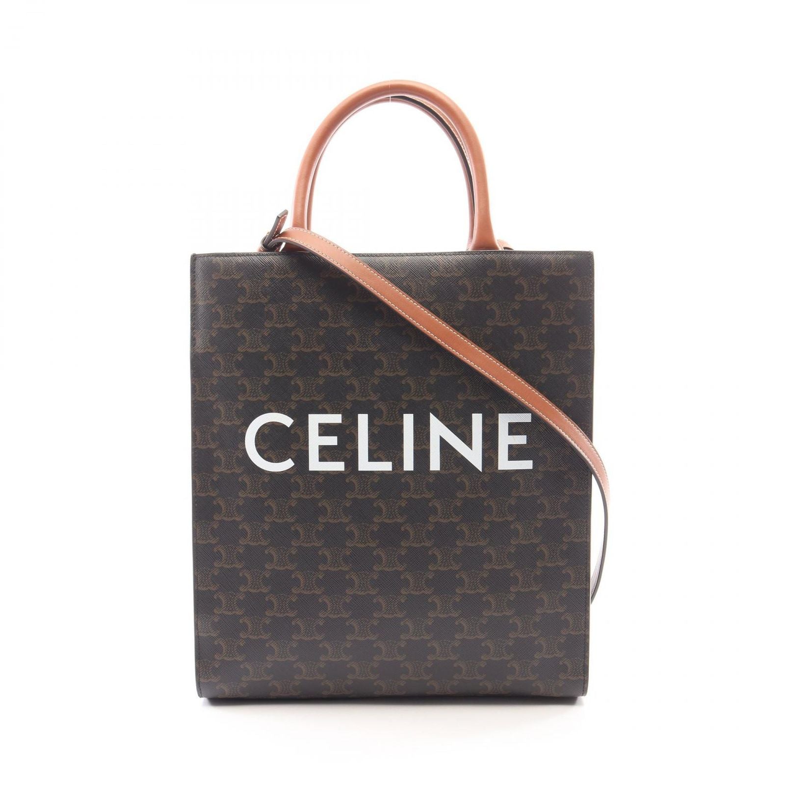 Celine Tote Small Vertical Cover Triomphe 2-Way Black Brown Canvas Leather