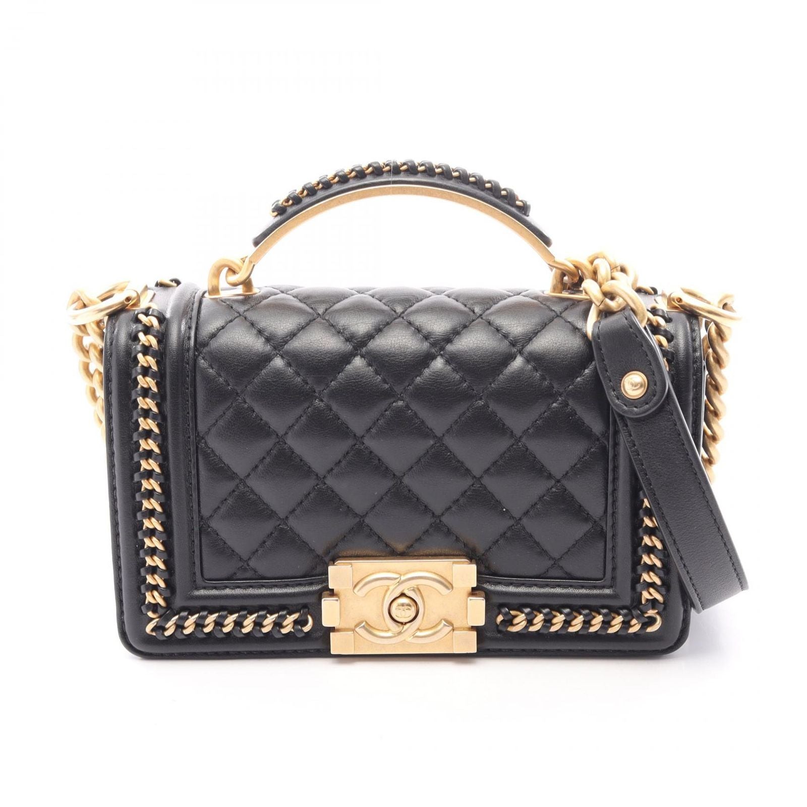 Chanel Shoulder Bag Boy Top Handle Flap 2-Way Black Leather Boy Top Chain