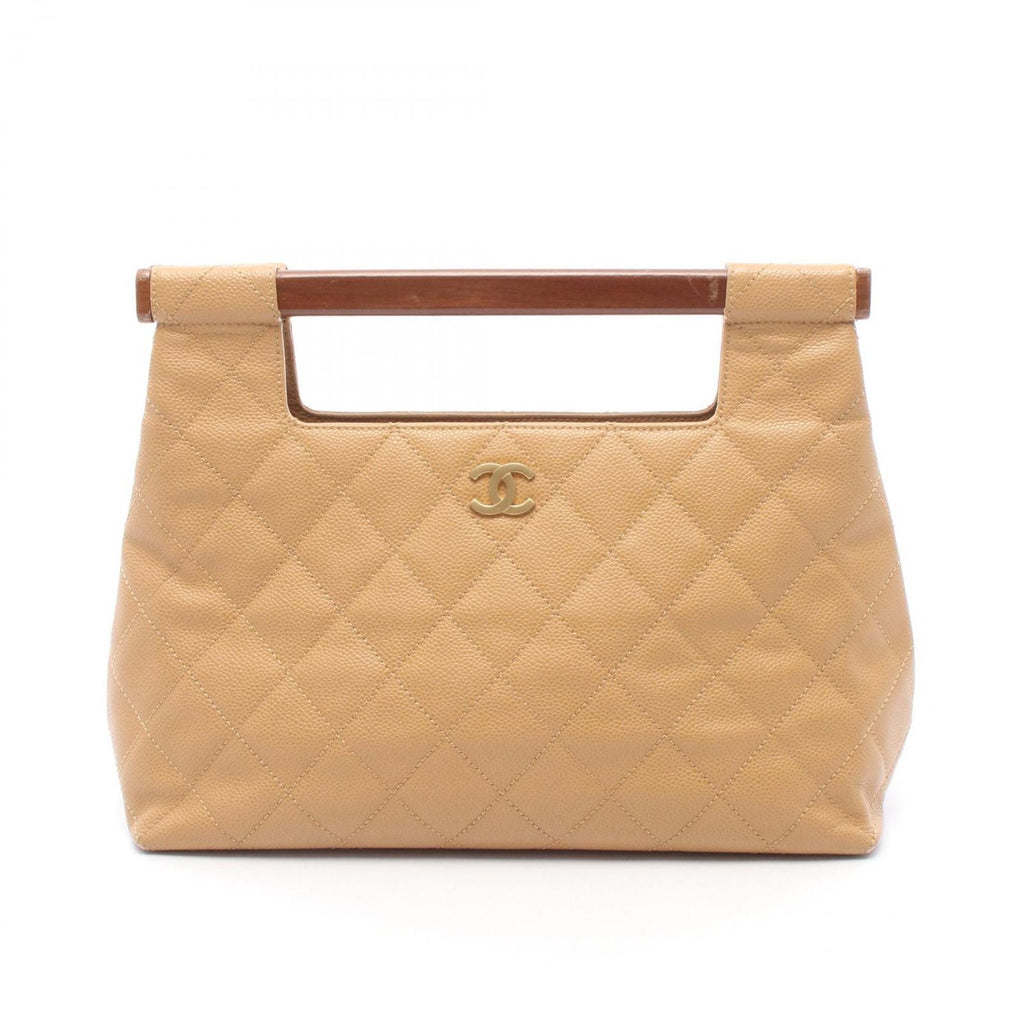 Chanel Handbag Quilted Wood Handle Beige Calf