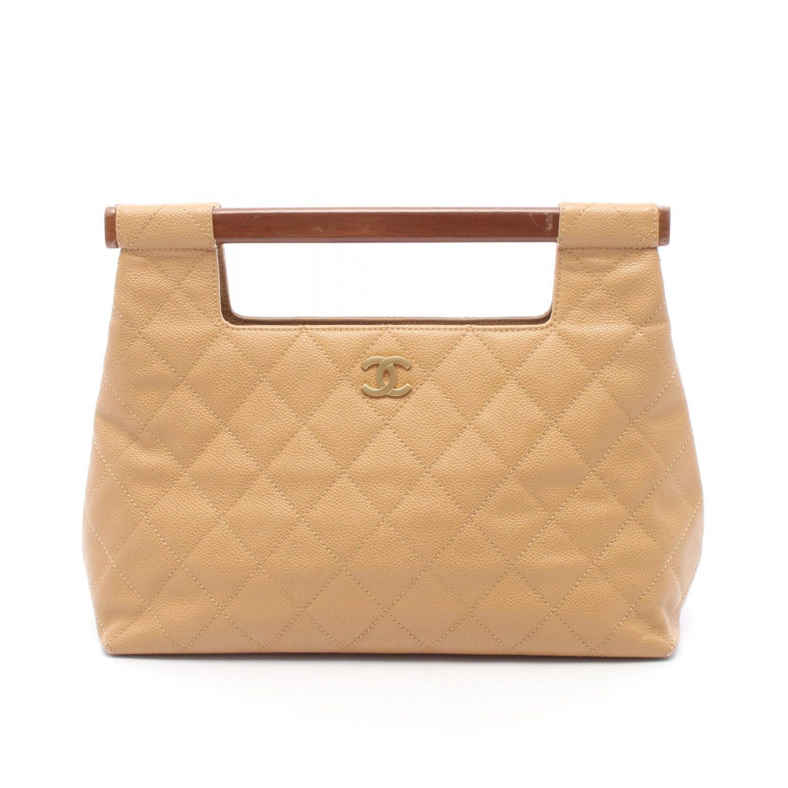 Chanel Handbag Quilted Wood Handle Beige Calf