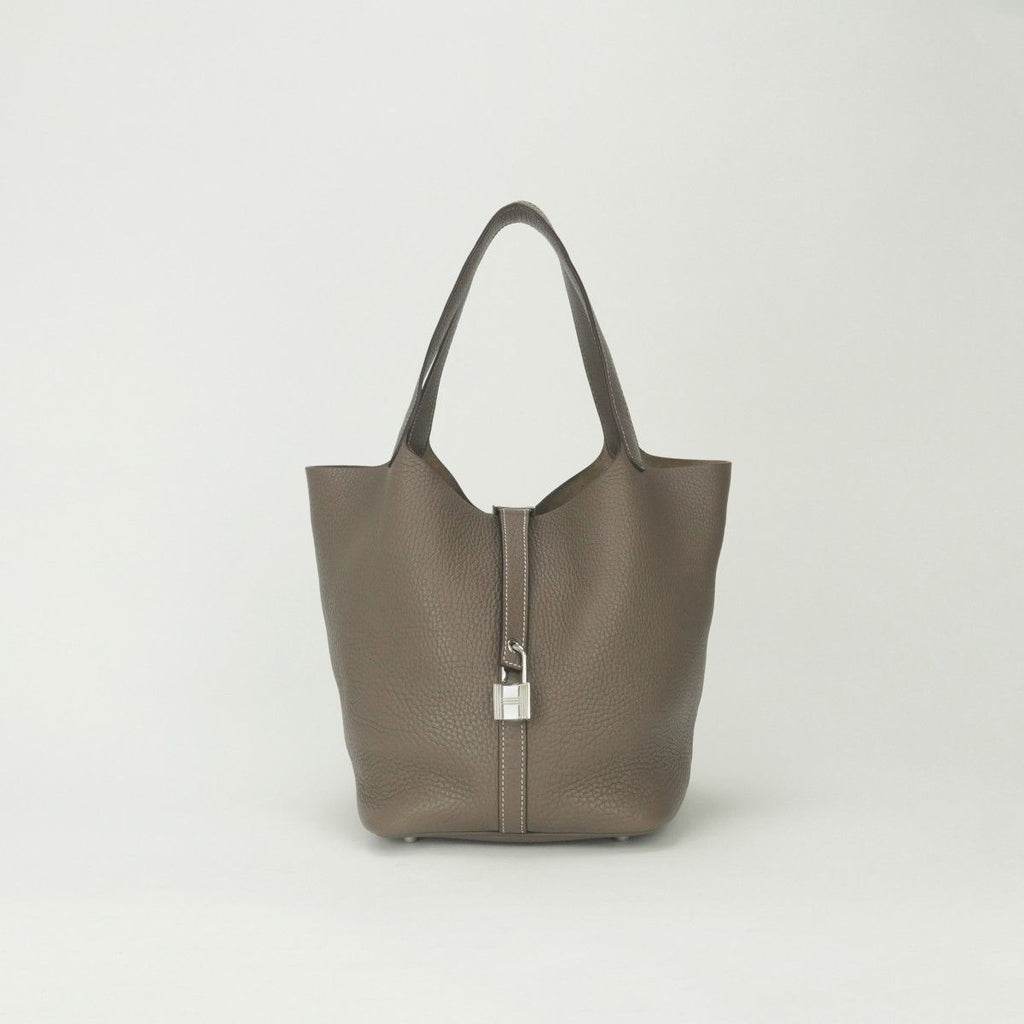 Hermes Picotin Lock MM Tote Taurillon Clemence Etoupe Gray Silver Handbag 22