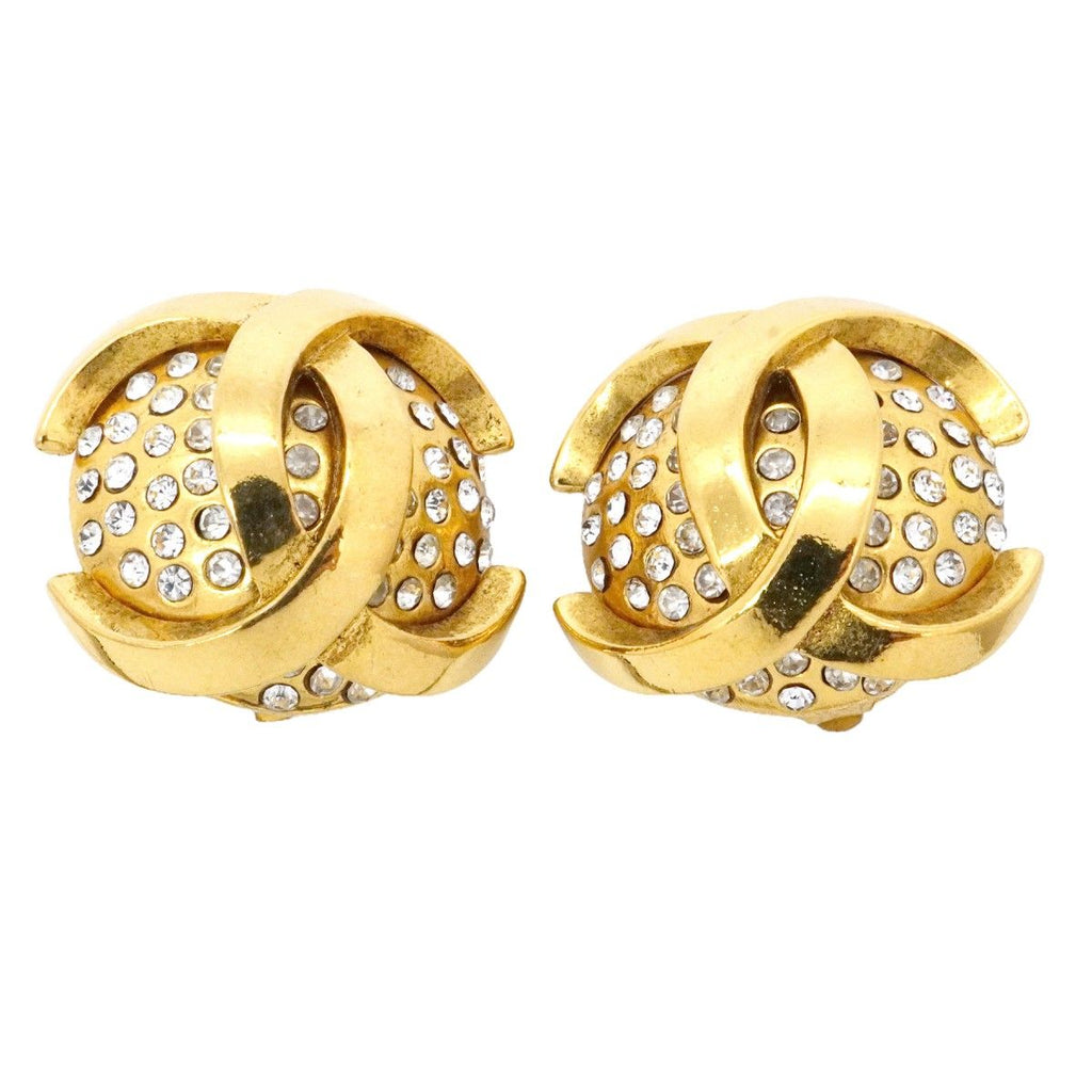 Chanel Earrings Vintage CC Logo Gold Plated Rhinestone