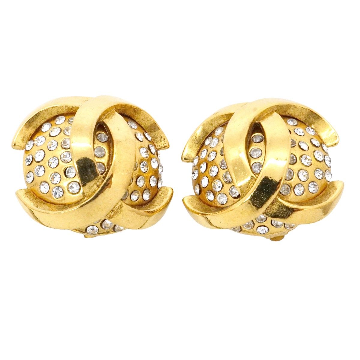 Chanel Earrings Vintage CC Logo Gold Plated Rhinestone