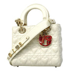 Dior Handbag Heart Cannage Lady Leather White Champagne Gold 2-Way