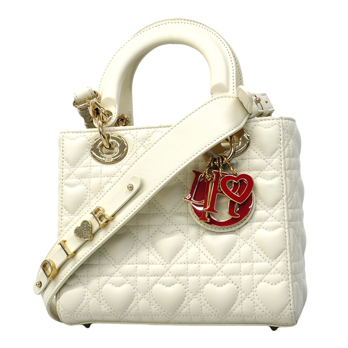 Dior Handbag Heart Cannage Lady Leather White Champagne Gold 2-Way