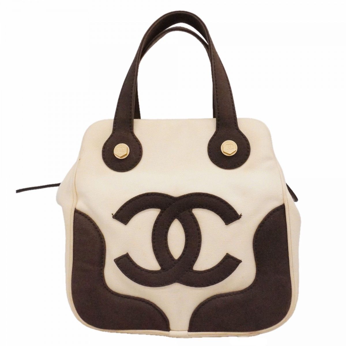 Chanel Handbag Canvas Ivory Black Gold