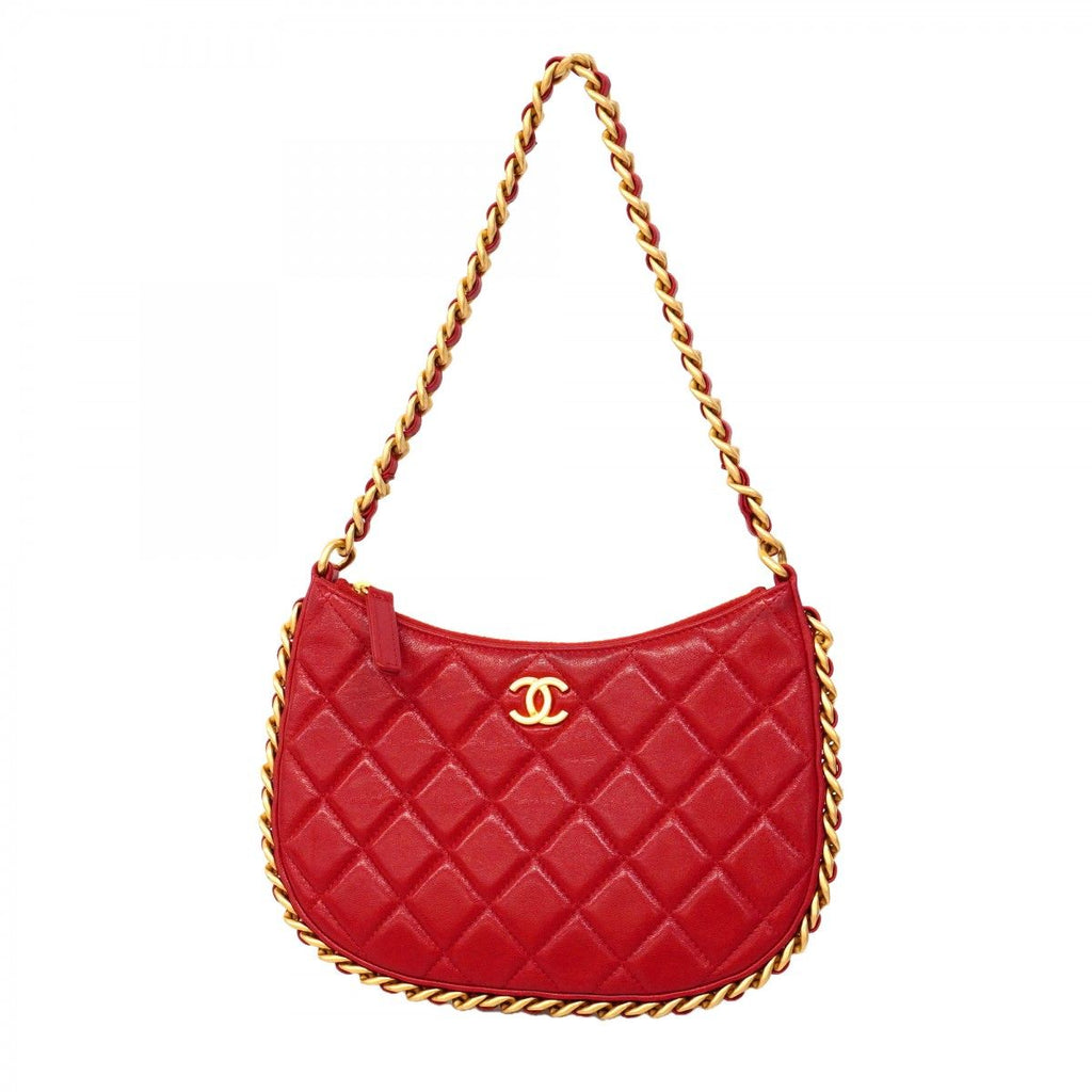 Chanel Shoulder Bag Hobo Lambskin Red Gold