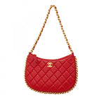 Chanel Shoulder Bag Hobo Lambskin Red Gold