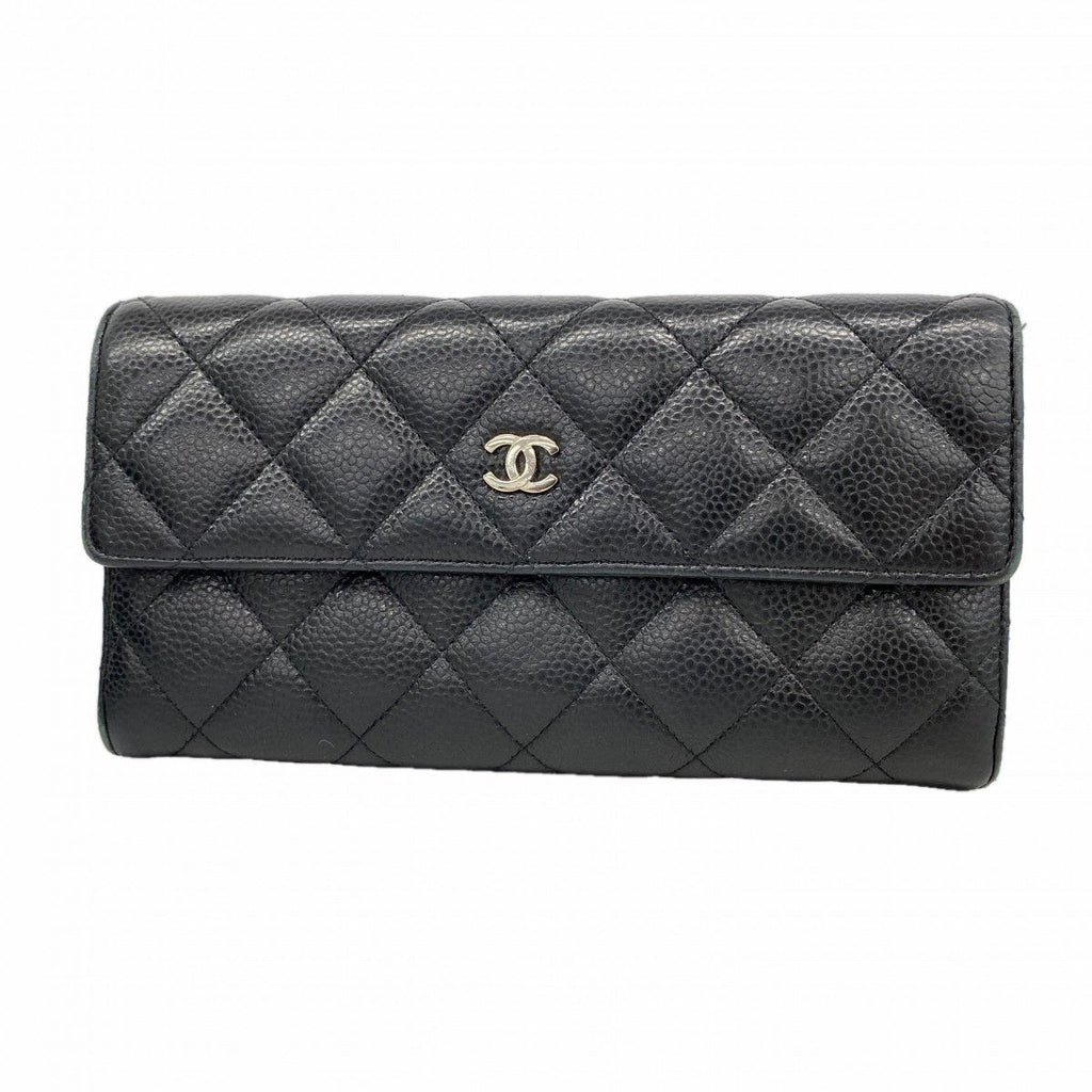 Chanel Wallet Quilted Caviar Leather Black Silver