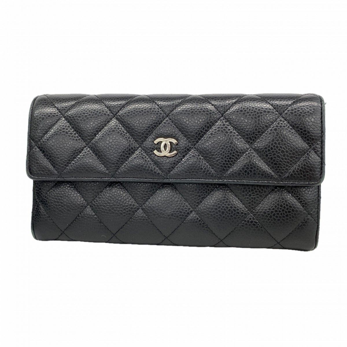 Chanel Wallet Quilted Caviar Leather Black Silver