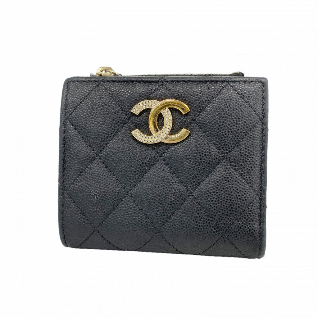 Chanel Wallet Quilted Caviar Leather Black Gold