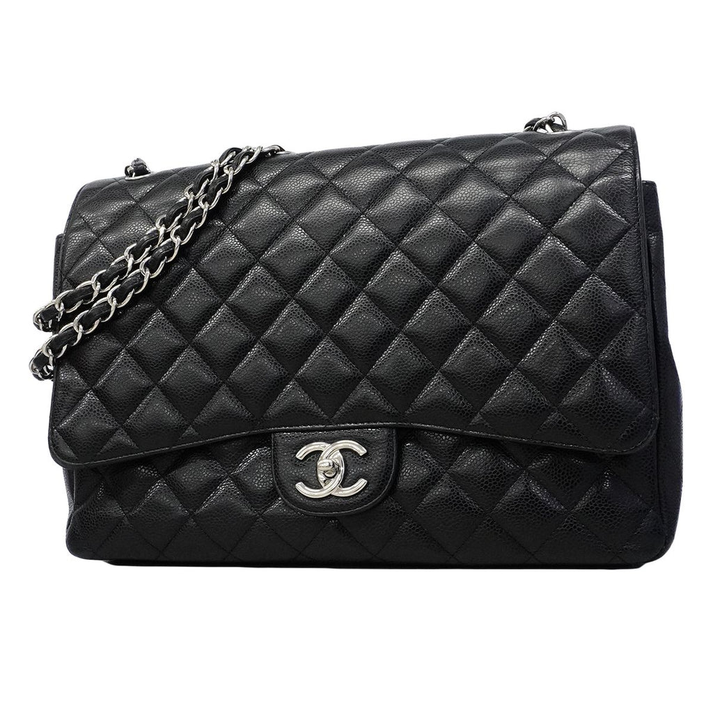 Chanel Shoulder Bag Deca Quilted Caviar Leather Black Silver