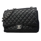 Chanel Shoulder Bag Deca Quilted Caviar Leather Black Silver