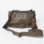 Chanel 2-Way Bag CC Logo Lambskin Quilted Olive Antique Silver