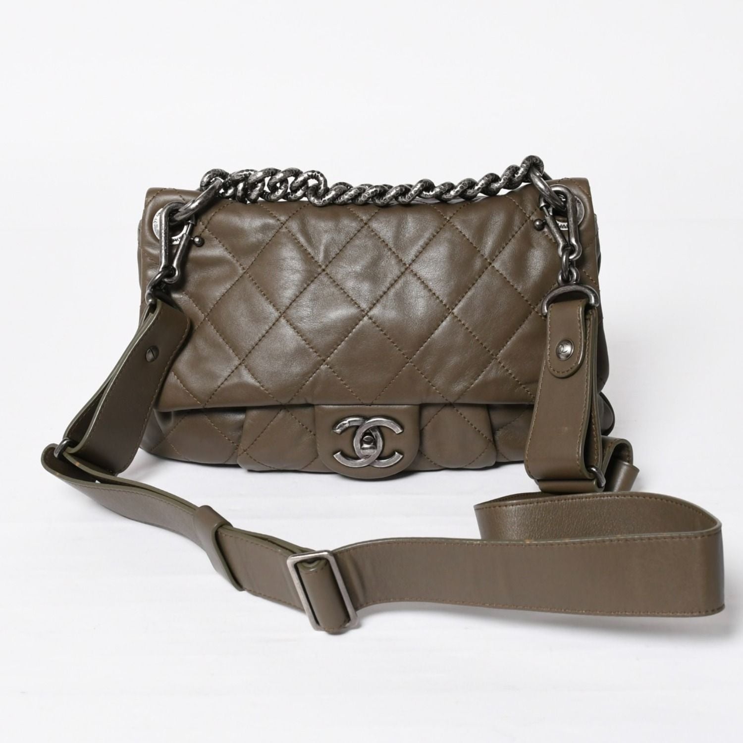 Chanel 2-Way Bag CC Logo Lambskin Quilted Olive Antique Silver