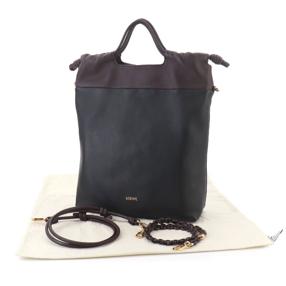 Loewe Flamenco Purse Tote 2-Way Shoulder Bag Leather Black Dark Brownie — view 2