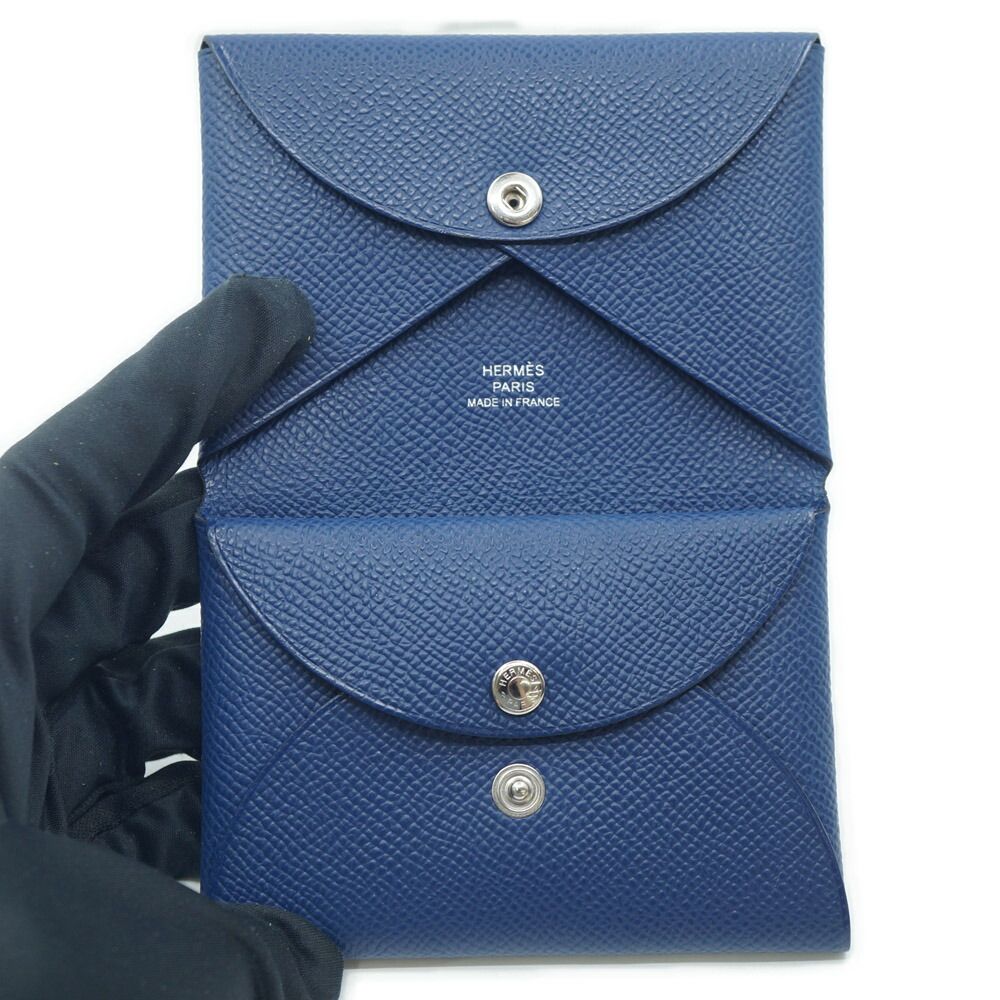 Hermes Calvi Duo Navy Coin Case Card Silver — view 6