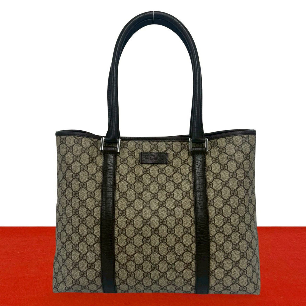 Gucci GG Pattern Logo Leather Polyester Tote Shoulder Bag Business Brown