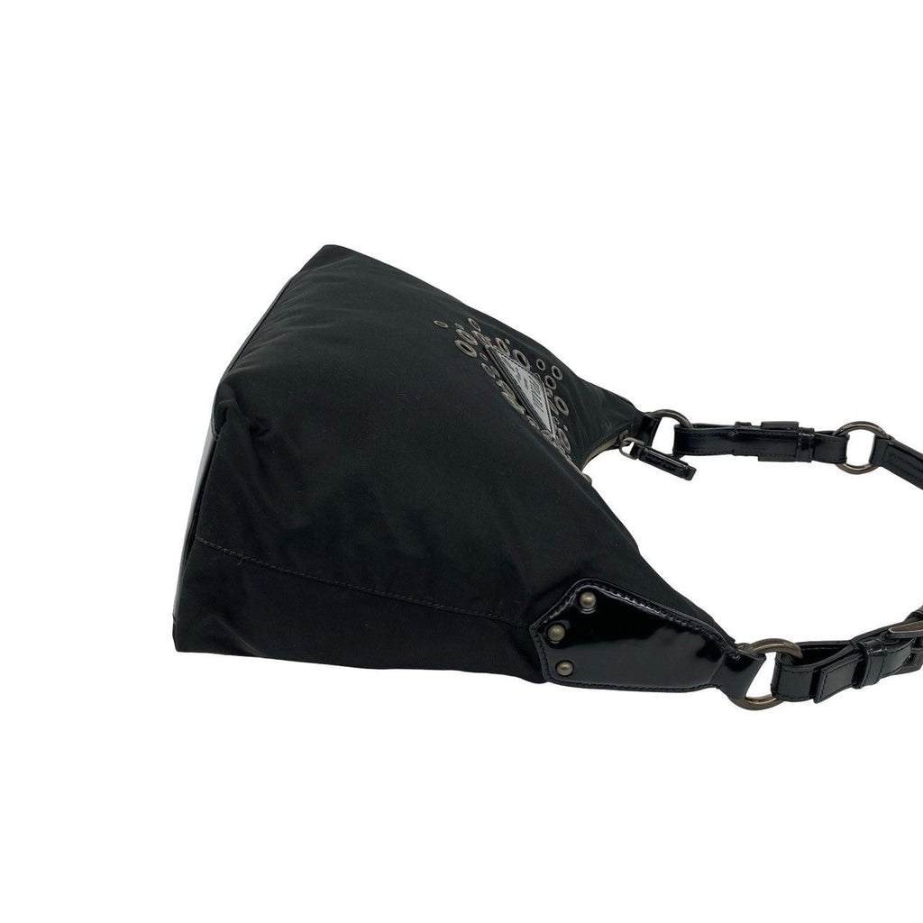 Prada Triangle Logo Perforated Studs Nylon Leather Shoulder Bag Black — view 6