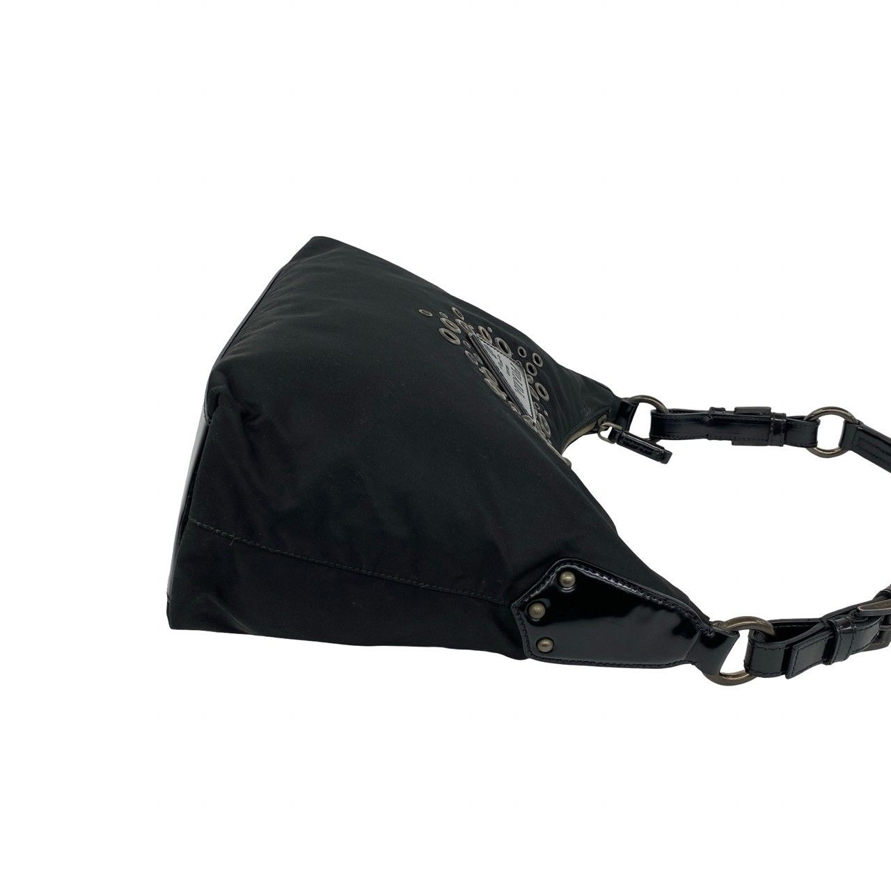 Prada Triangle Logo Perforated Studs Nylon Leather Shoulder Bag Black — view 6