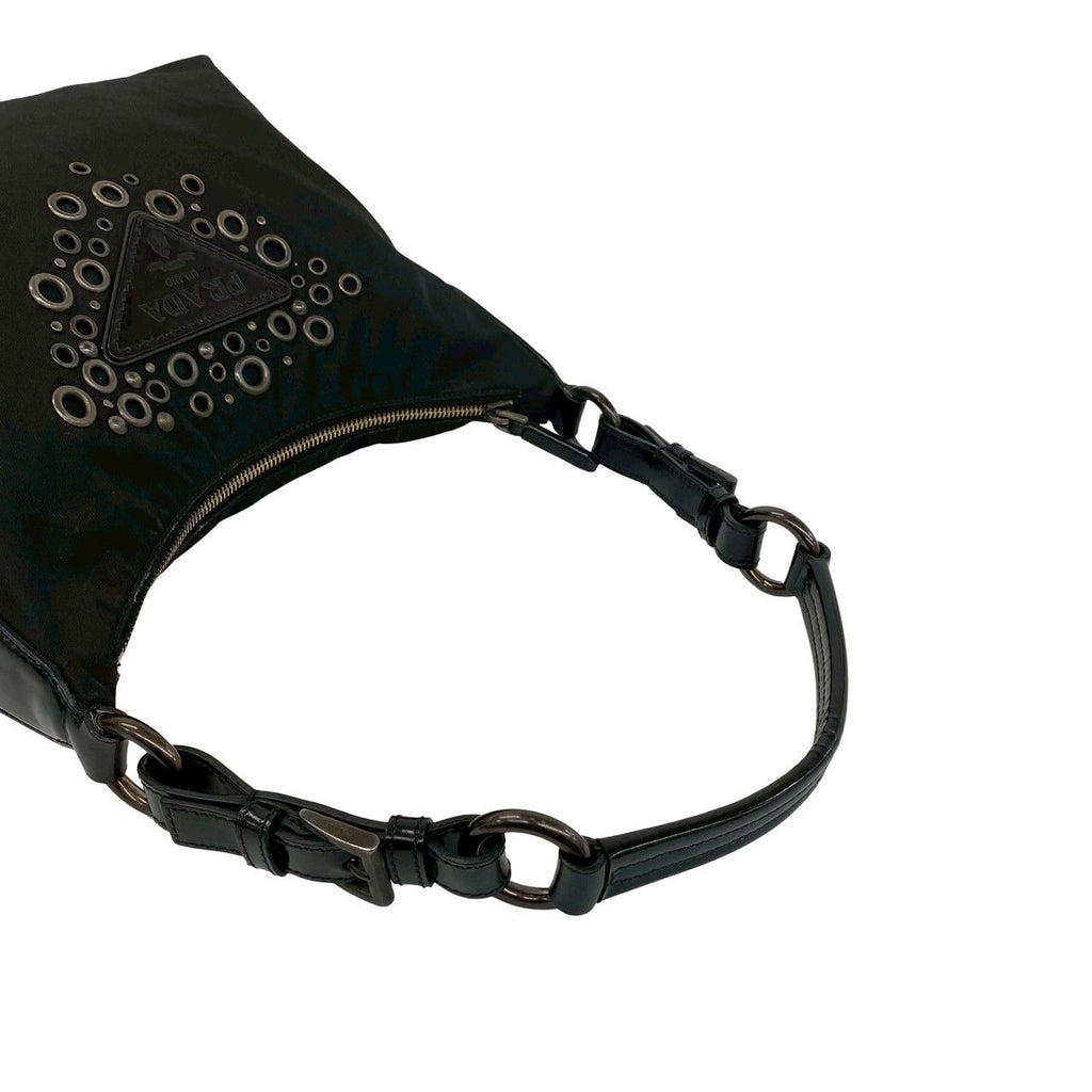 Prada Triangle Logo Perforated Studs Nylon Leather Shoulder Bag Black — view 4