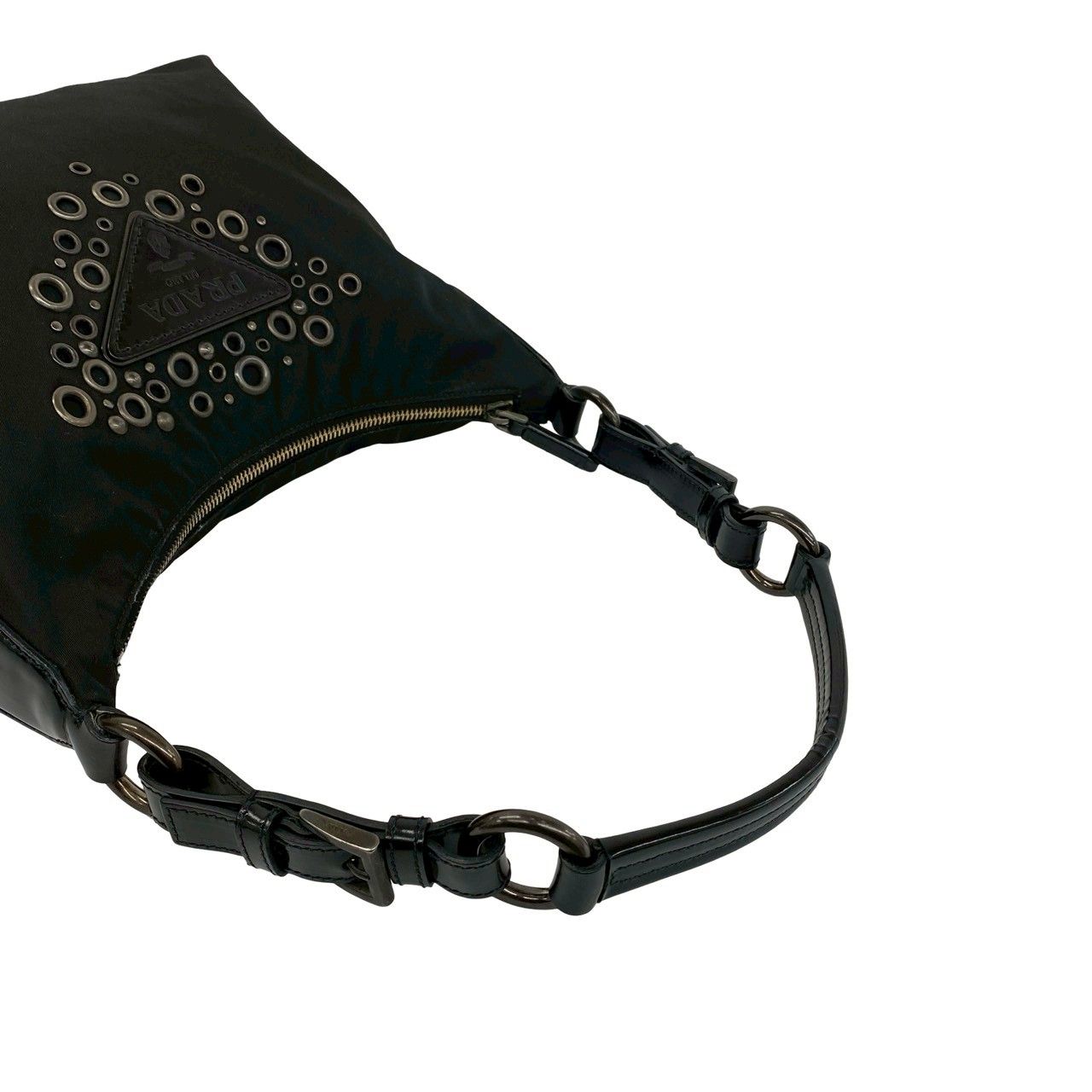 Prada Triangle Logo Perforated Studs Nylon Leather Shoulder Bag Black — view 4