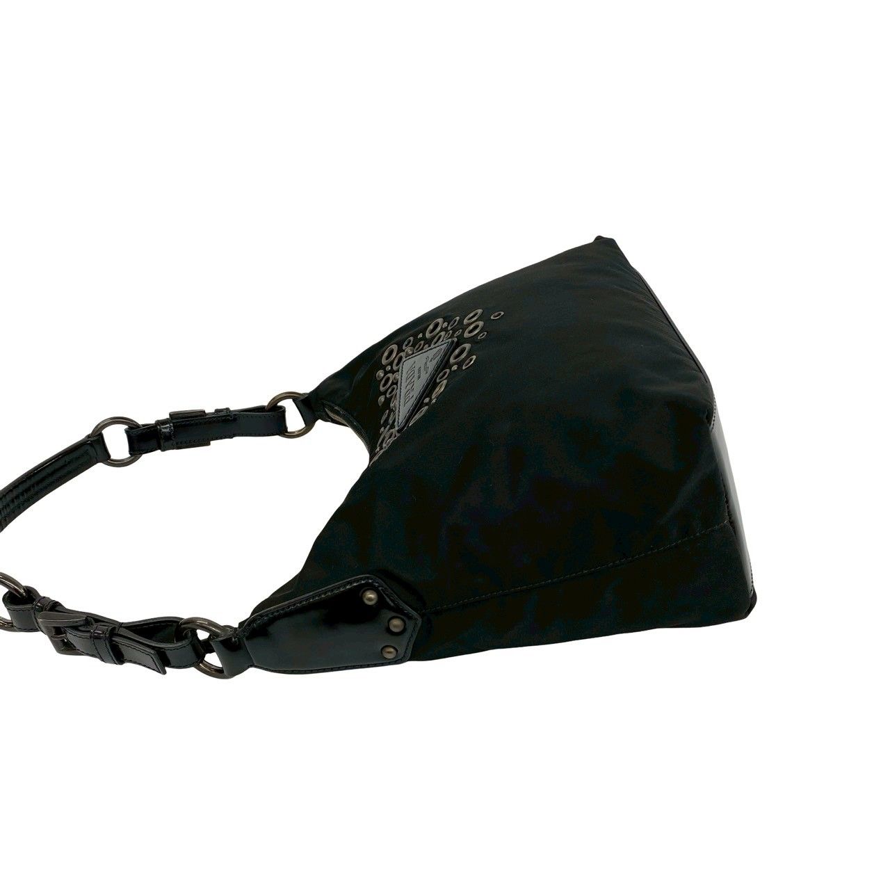 Prada Triangle Logo Perforated Studs Nylon Leather Shoulder Bag Black — view 5