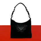 Prada Triangle Logo Perforated Studs Nylon Leather Shoulder Bag Black
