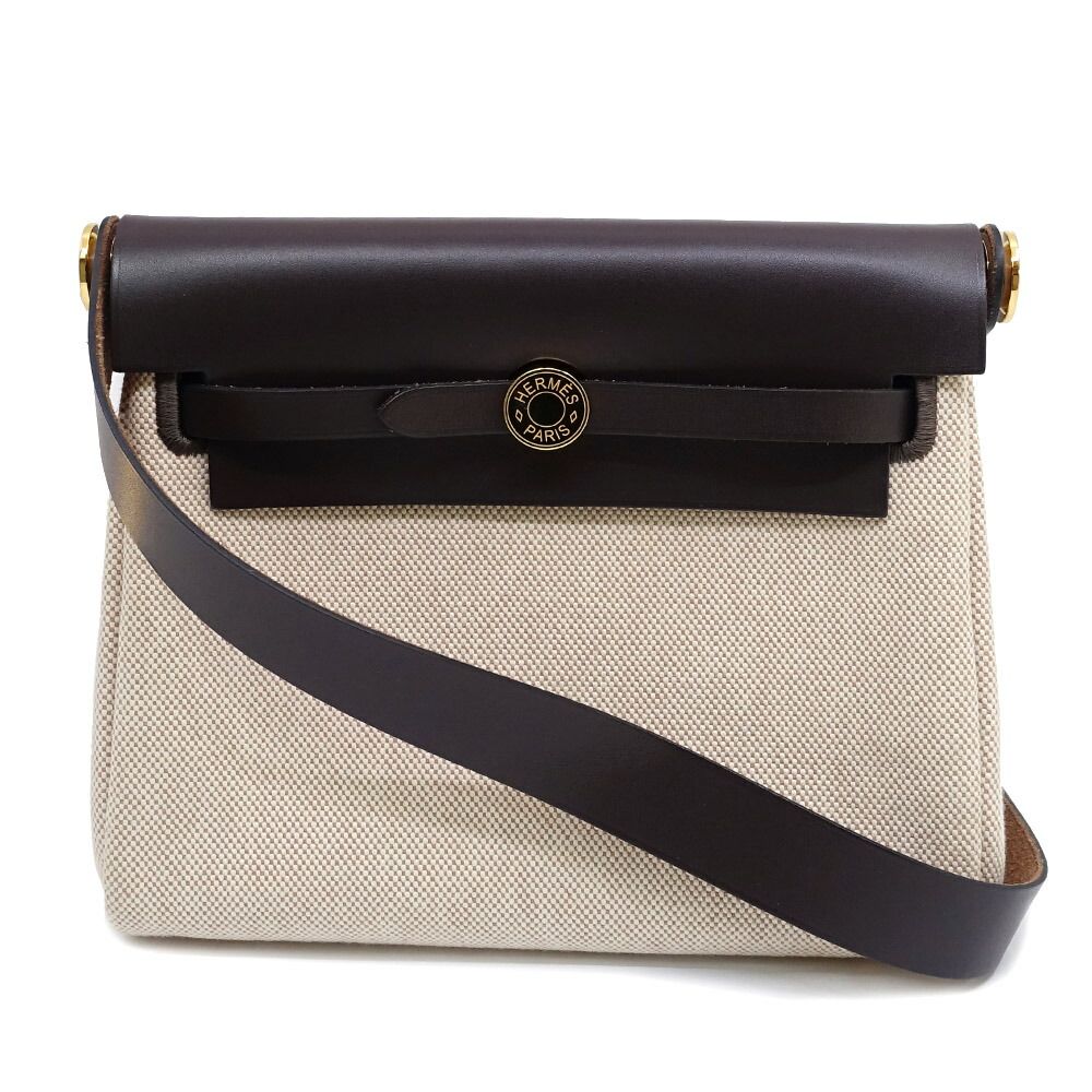Hermes Herbag Zip 20 Mini Shoulder Bag Around Toile Ash Brown Gold