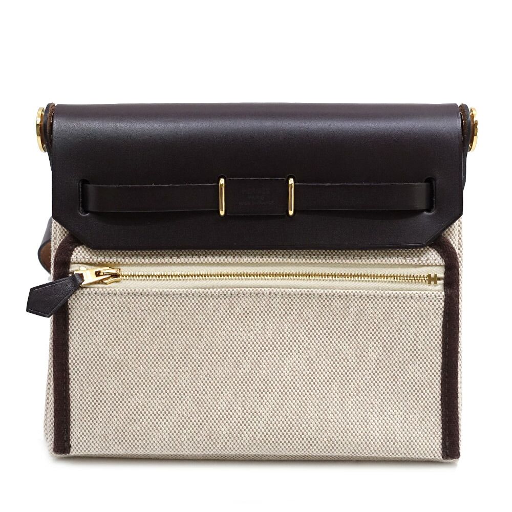 Hermes Herbag Zip 20 Mini Shoulder Bag Around Toile Ash Brown Gold — view 2