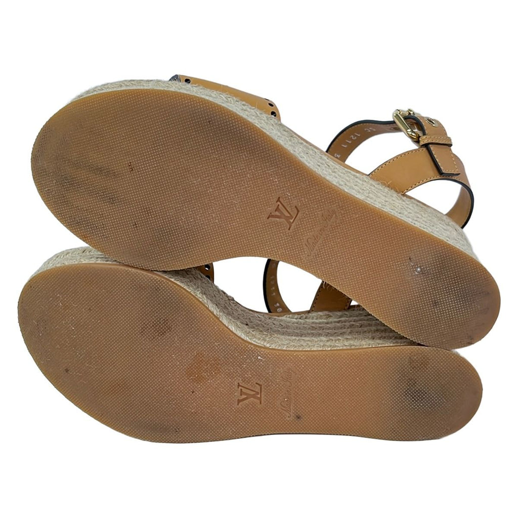 Louis Vuitton Sandals 38 Light Brown Perforated Espadrilles Wedge Sole Leather — view 4
