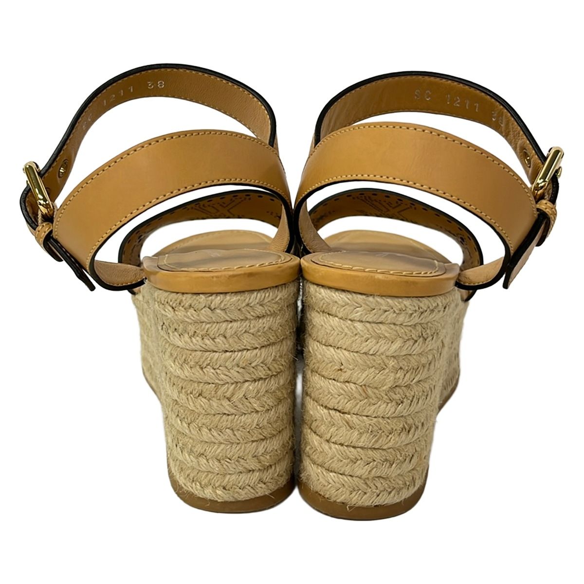 Louis Vuitton Sandals 38 Light Brown Perforated Espadrilles Wedge Sole Leather — view 3