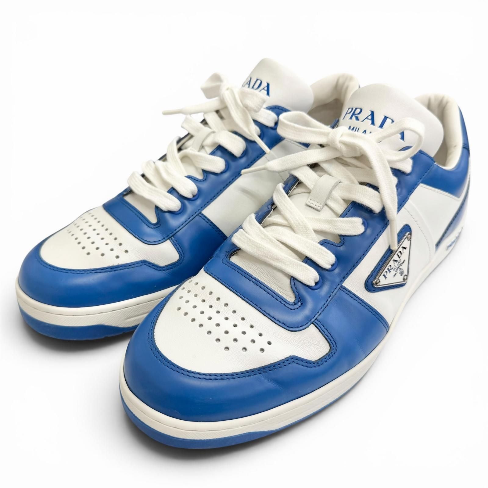 Prada Downtown Triangle Logo Leather Low Cut Sneakers Blue White 7