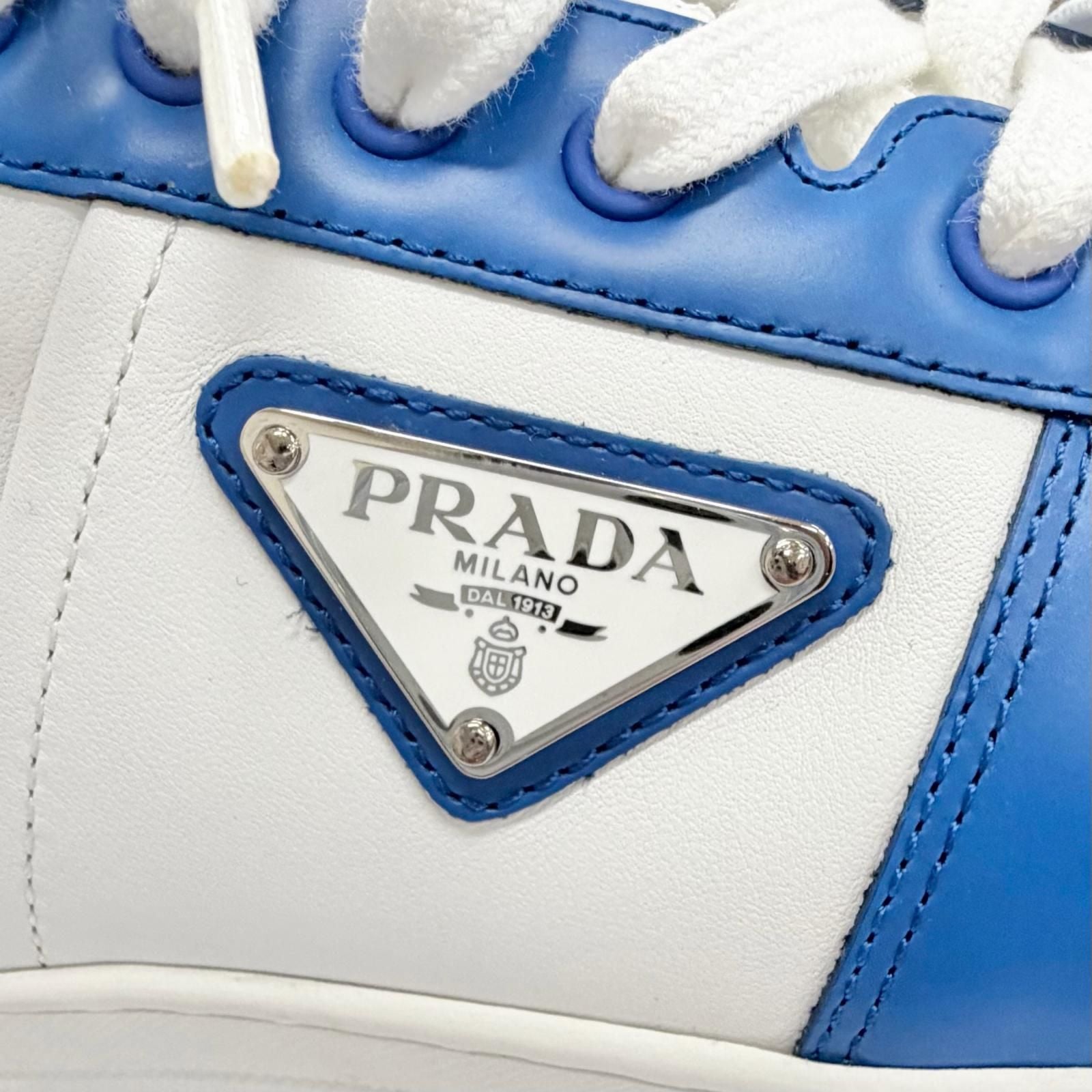 Prada Downtown Triangle Logo Leather Low Cut Sneakers Blue White 7 — view 8