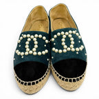 Chanel CC Logo Eco Pearl Suede Leather Espadrilles Slip on Green Black — view 4