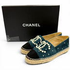 Chanel CC Logo Eco Pearl Suede Leather Espadrilles Slip on Green Black — view 2